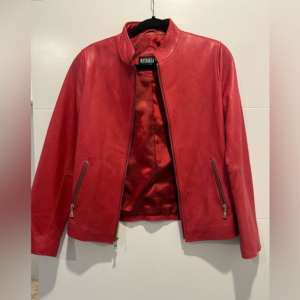 NWOT Genuine Leather Michaela Fur Jacket Red Hot Sz S